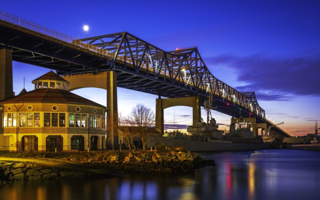 twilight sky over the Fall River at Heritage State Park in Fall River, Bristol County Massachusetts.