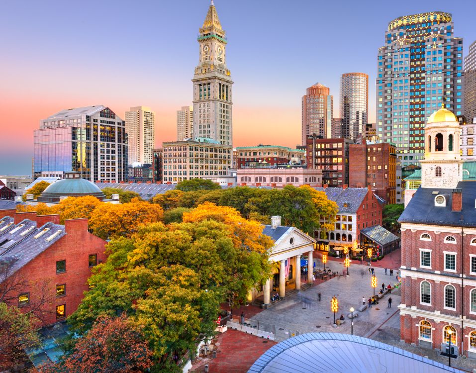 Faneuil Hall and Quincy Market at dusk. Boston, Suffolk County MA