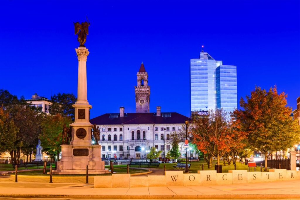 Worcester Commons at twilight in Worcester County MA