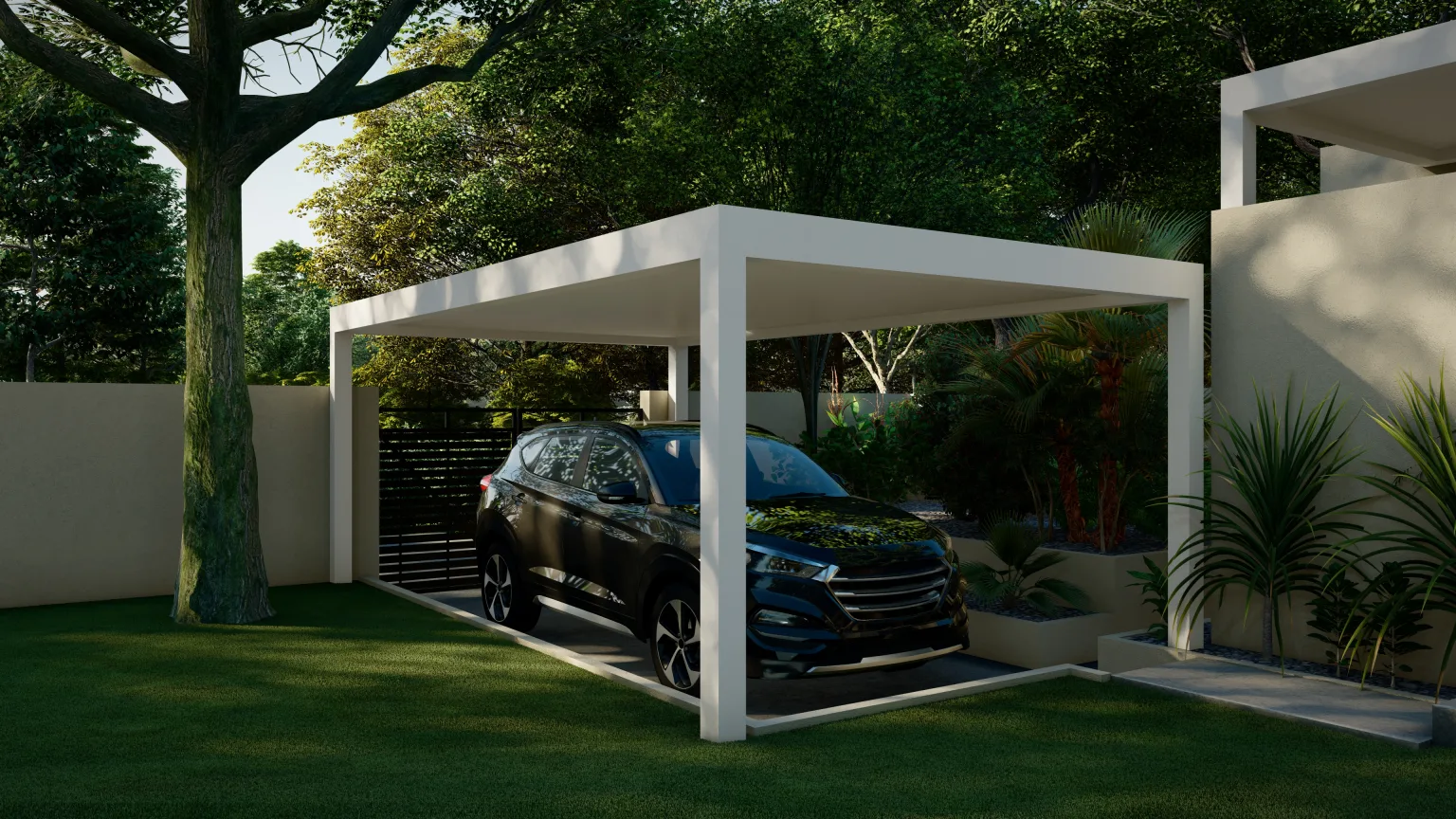 carports-with-black-aluminum-gate-featuring-trees-on-the-background