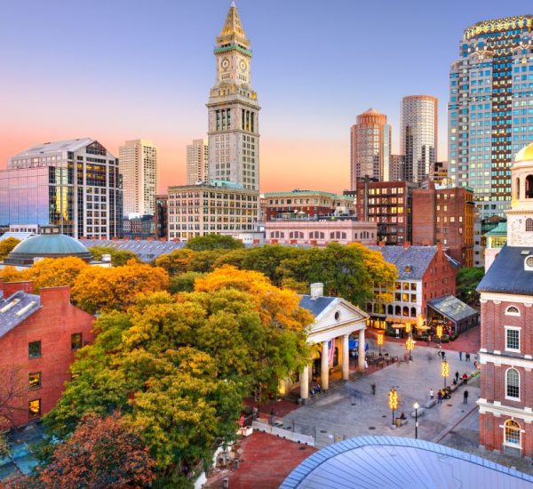 Faneuil Hall and Quincy Market at dusk. Boston, Suffolk County MA