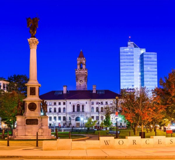 Worcester Commons at twilight in Worcester County MA