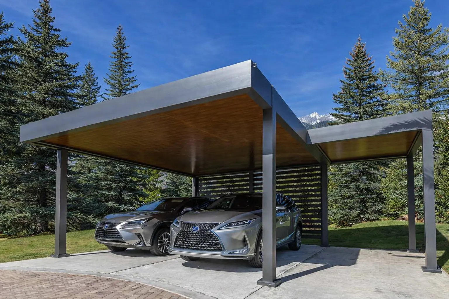 wooden-carports-grain-gray-with-overlooking-forest-and-blue-sky-view
